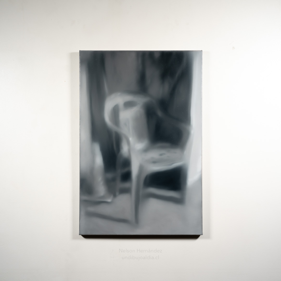 silla y cono, Óleo, sobre tela de algodón, 67 x 45 cm