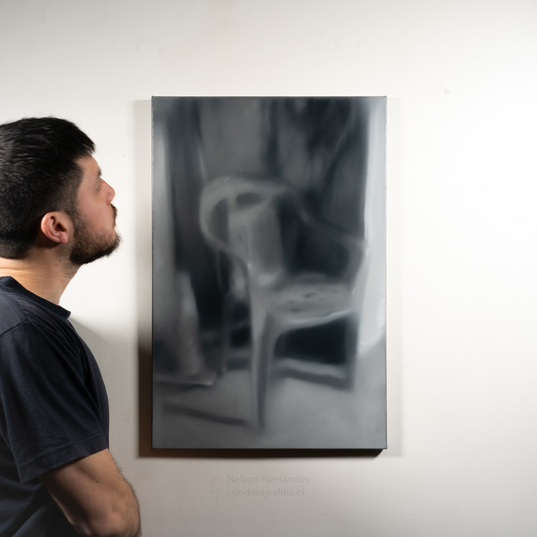 silla y cono, Óleo, sobre tela de algodón, 67 x 45 cm
