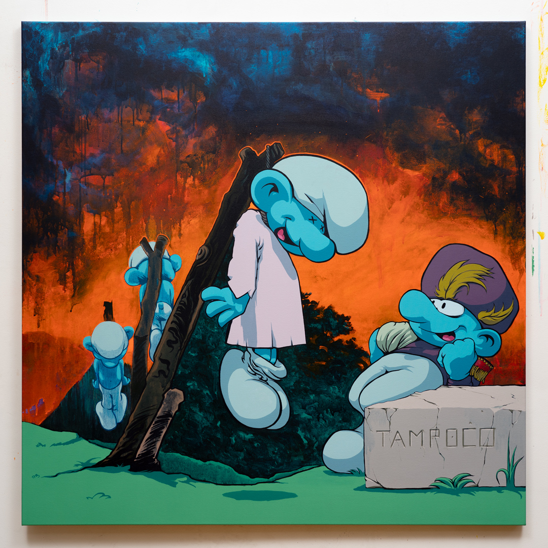 Los pitufidesastres de la guerra: Tampoco, Acrílico, sobre tela de algodón, 100 x 100 cm