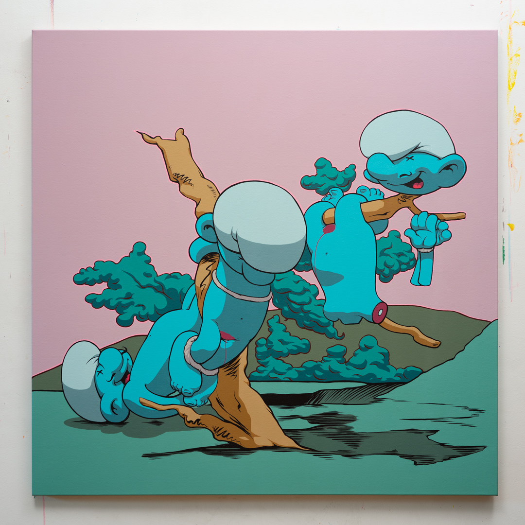 Los pitufidesastres de la guerra: Grande hazaña! Con pitufos!, Acrílico, sobre tela de algodón, 100 x 100 cm