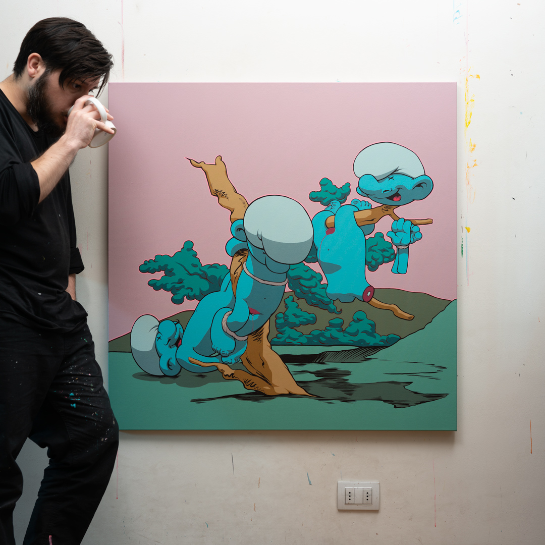 Los pitufidesastres de la guerra: Grande hazaña! Con pitufos!, Acrílico, sobre tela de algodón, 100 x 100 cm