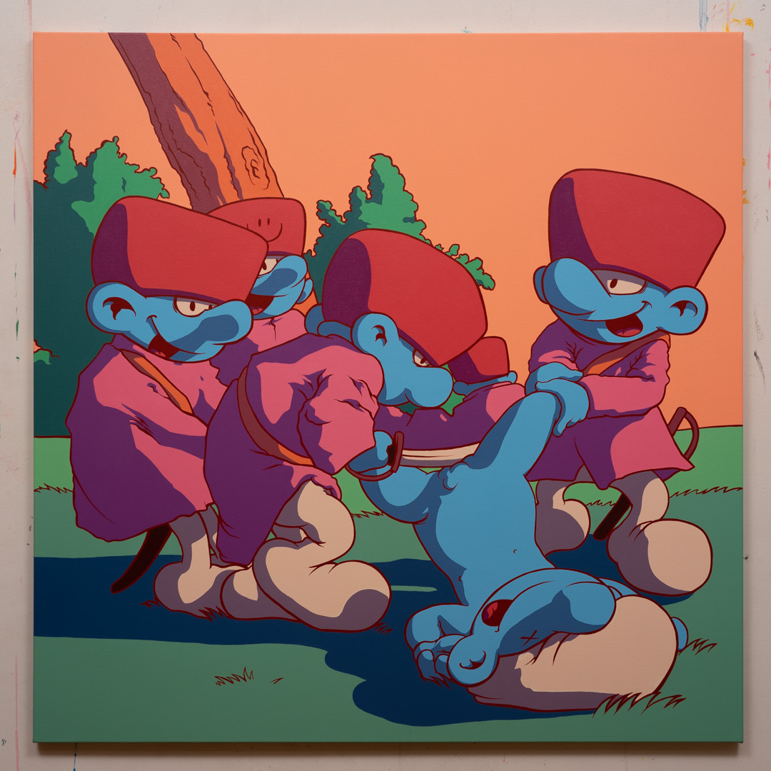 Los pitufidesastres de la guerra: Qué hai que hacer mas?, Acrílico, sobre tela de algodón, 100 x 100 cm
