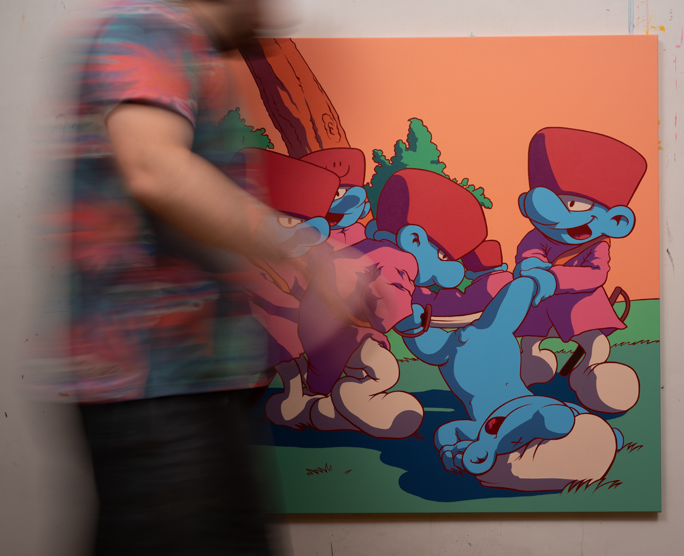 The Smurf-disasters of war: What else must be done?, Acrylic, About cotton fabric, 100 x 100 cm / 39 x 39 in