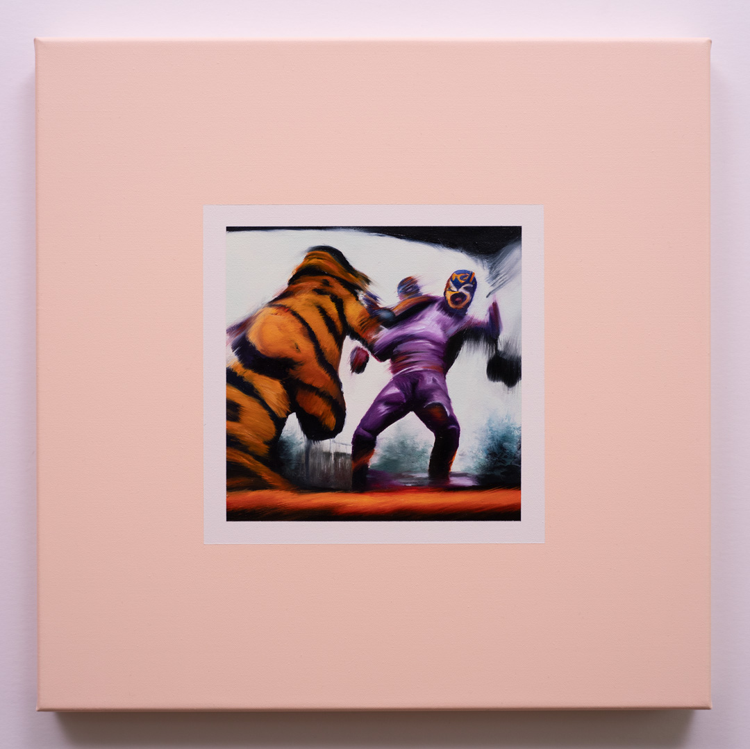 Tigre atacando a un Luchador de tres cabezas, Óleo y Acrílico, sobre tela de algodón, 30 x 30 cm