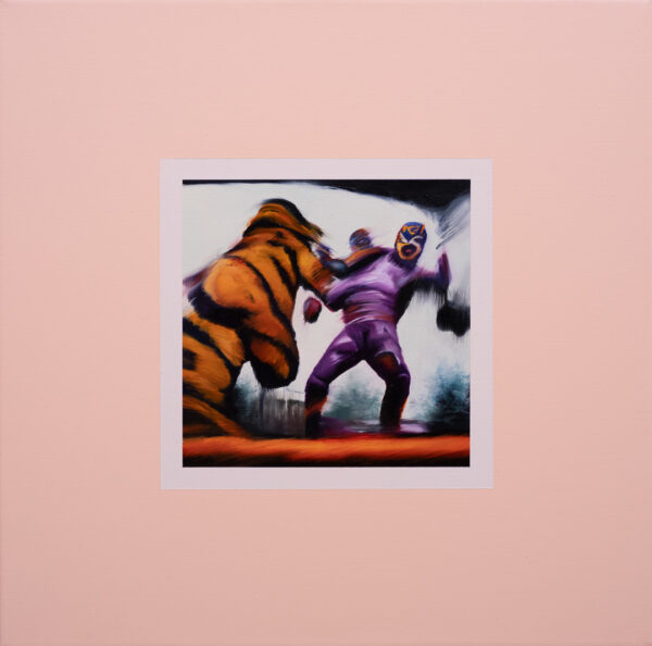 Tigre atacando a un Luchador de tres cabezas, Óleo y Acrílico, sobre tela de algodón, 30 x 30 cm