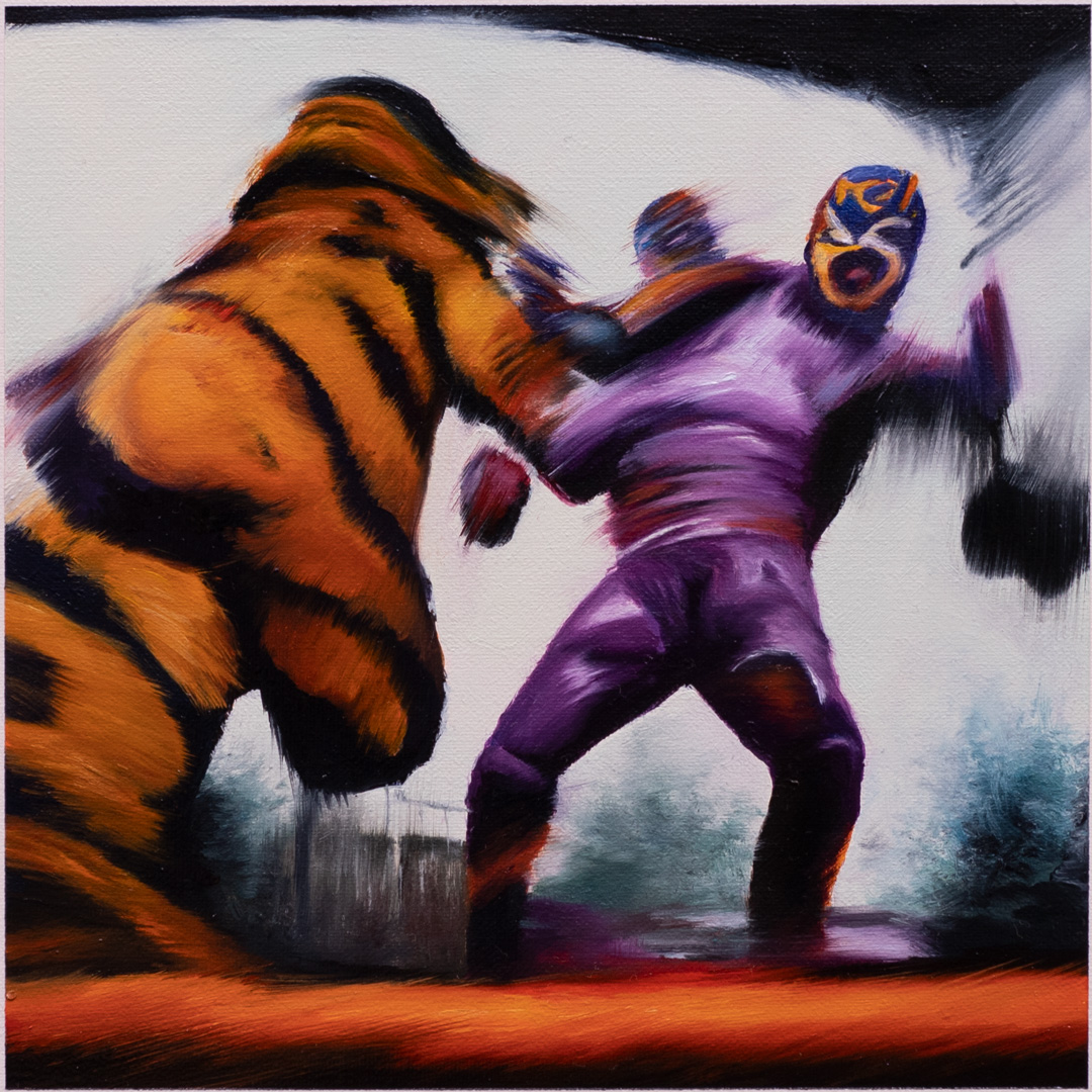 Tigre atacando a un Luchador de tres cabezas, Óleo y Acrílico, sobre tela de algodón, 30 x 30 cm
