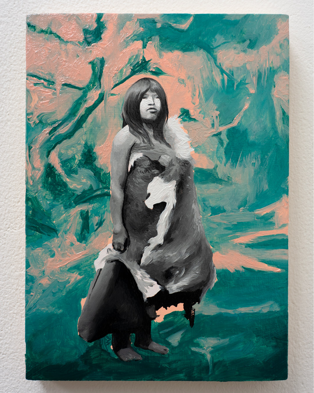Mujer con piel, Óleo, sobre panel de madera, 18 x 13 cm