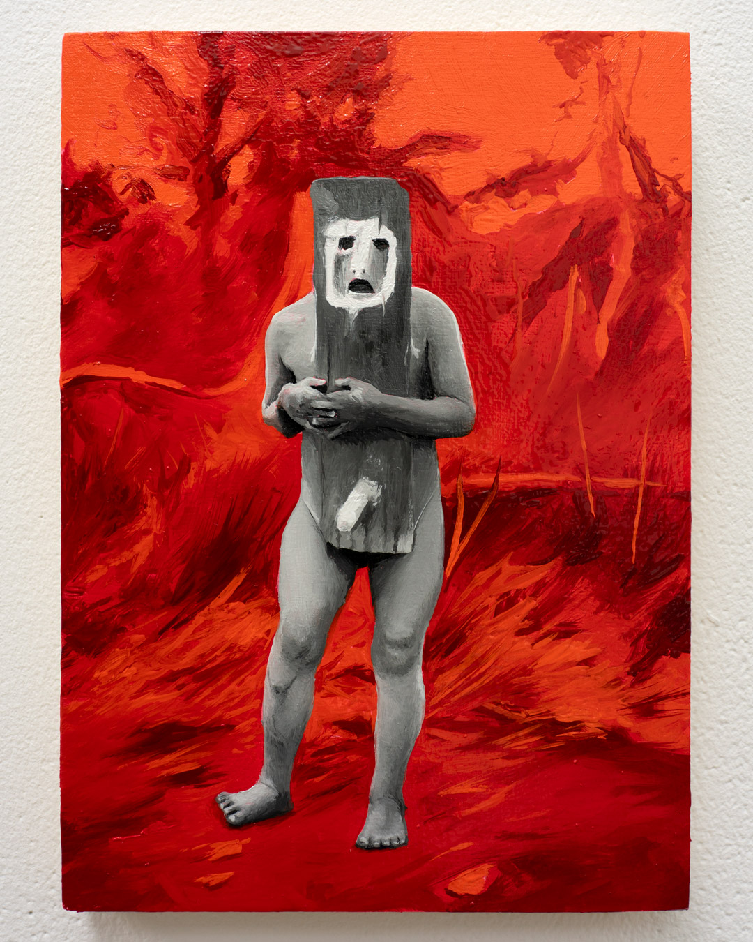niño con máscara fálica, Óleo, sobre panel de madera, 18 x 13 cm