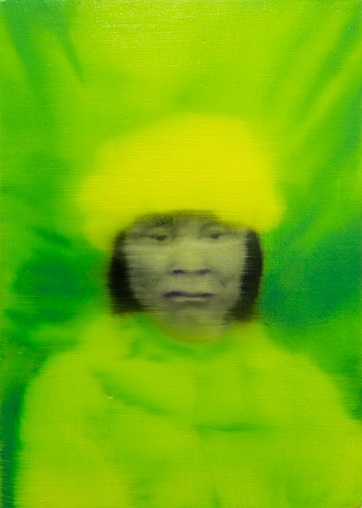 Mujer en amarillo y verde, Óleo, sobre panel de madera, 18 x 13 cm