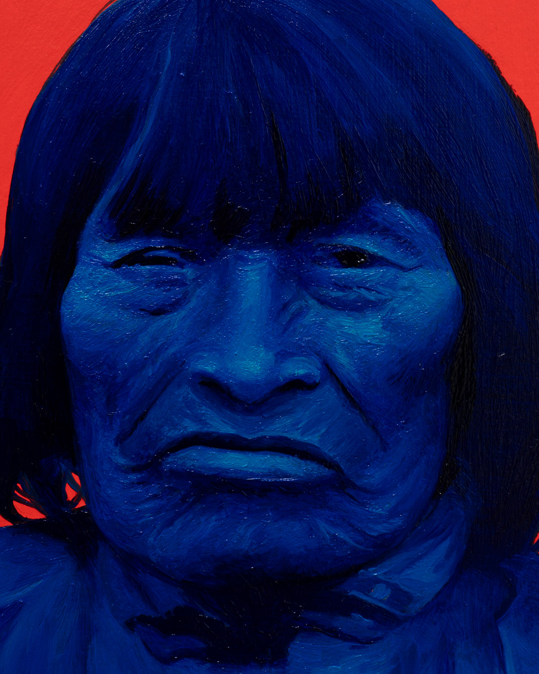 Mujer de azul y rojo, Óleo, sobre panel de madera, 18 x 13 cm