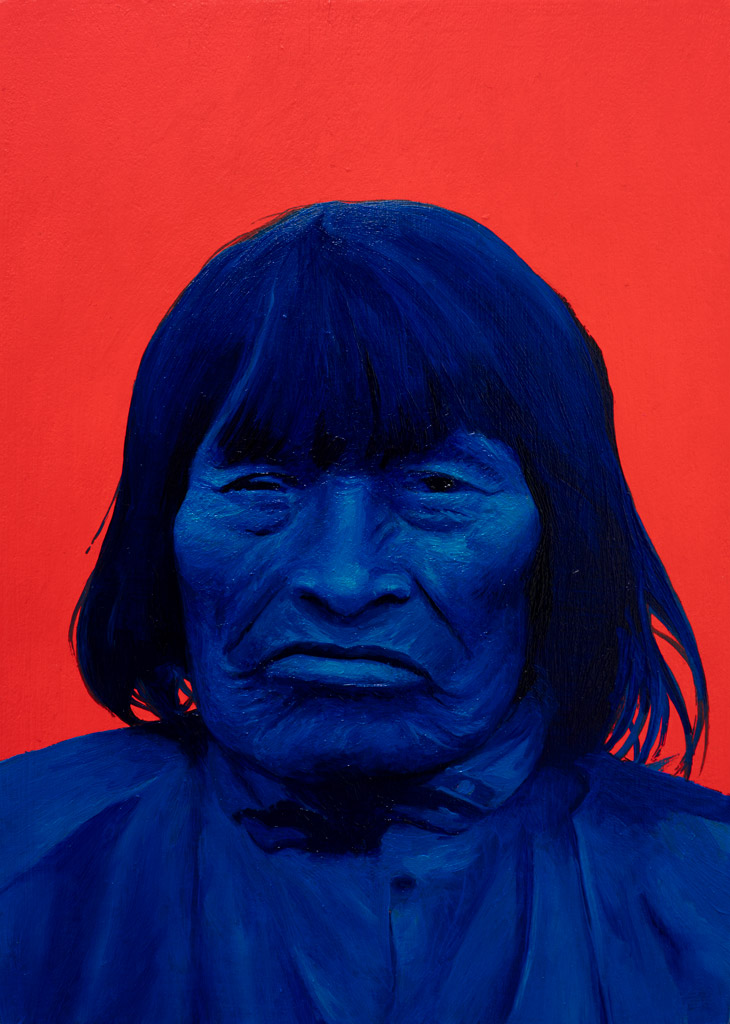 Mujer de azul y rojo, Óleo, sobre panel de madera, 18 x 13 cm