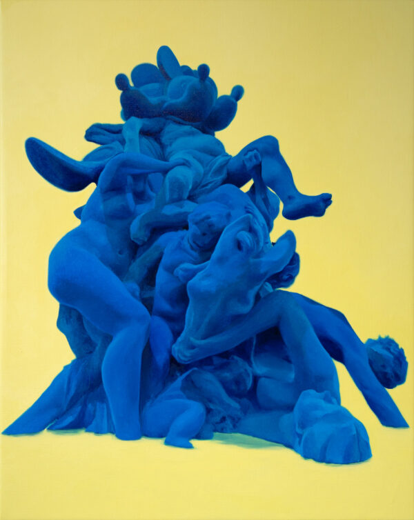 Ozymandias por Nelson Hernández, óleo sobre lino, 100 x 80 cm. Masa escultórica en tonos azules profundos de cuerpos entrelazados contra fondo amarillo plano, evocando ruinas clásicas y fragilidad monumental