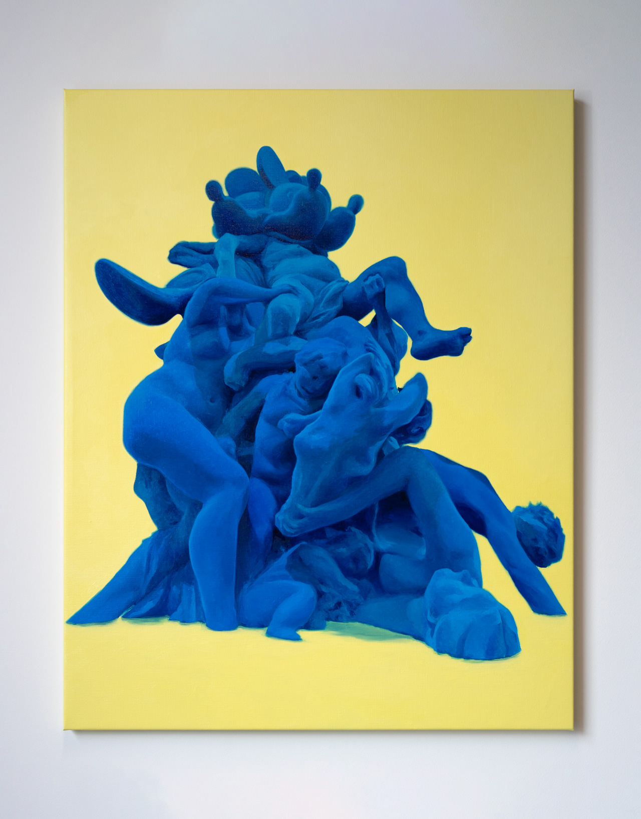 Close-up detail of Ozymandias showing the density of paint layers and chromatic transitions in shades of blue and yellow across the figurative mass