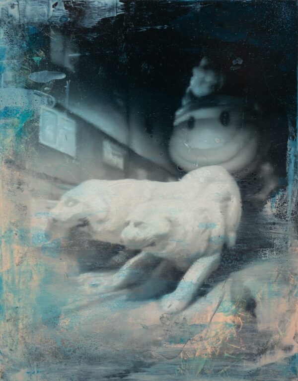 Fever Dream (two dogs), Óleo, sobre panel de madera, 35,4 x 27,8 cm