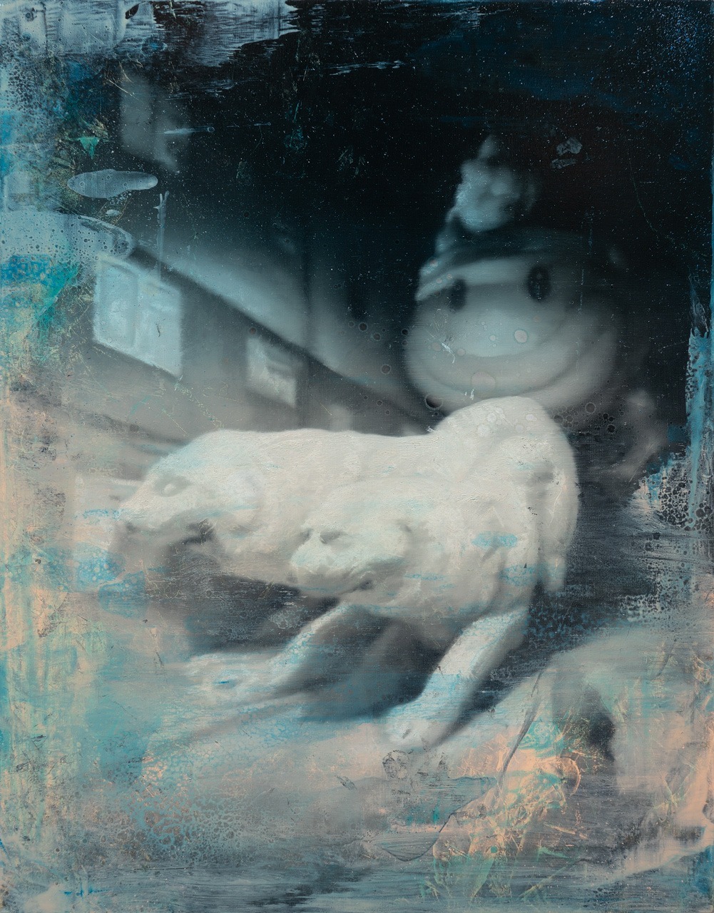 Fever Dream (two dogs), Óleo, sobre panel de madera, 35,4 x 27,8 cm