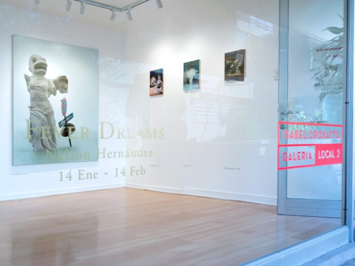 Entrance view of Fever Dreams by Nelson Hernández at Isabel Croxatto Galería, with Victoria on the left wall and exhibition title lettering on the window