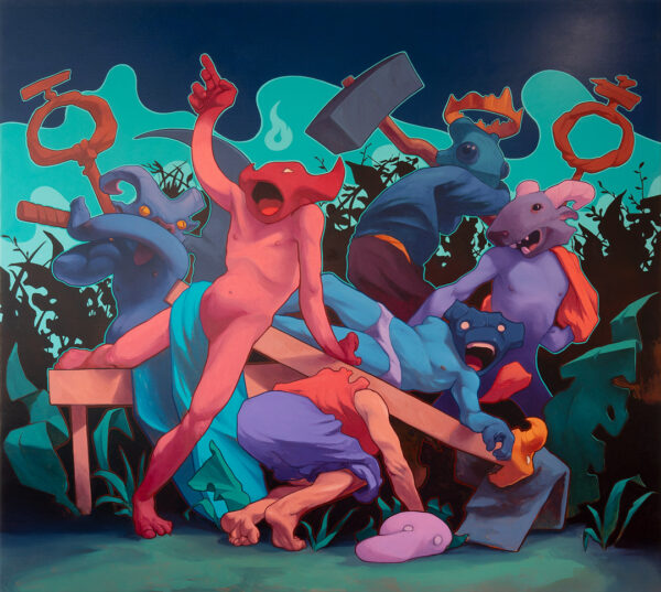 The Preacher de Nelson Hernández, óleo sobre lino, 170 x 190 cm. Escena barroca con criaturas grotescas de cultura pop en torno a un predicador rojo que apunta al cielo.
