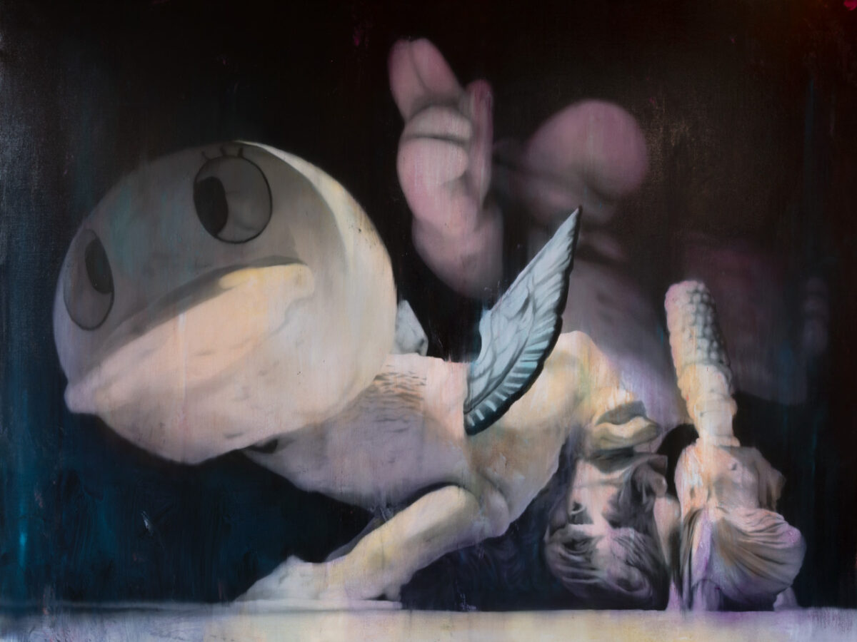 La Quimera de Nelson Hernández, óleo sobre lino, 150 x 200 cm. Una cabeza de pato inflable y un sabueso del Partenón se funden sobre un fondo negro azulado