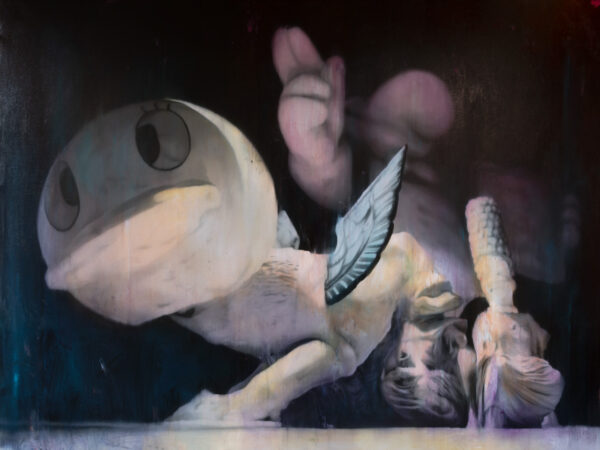 La Quimera de Nelson Hernández, óleo sobre lino, 150 x 200 cm. Una cabeza de pato inflable y un sabueso del Partenón se funden sobre un fondo negro azulado